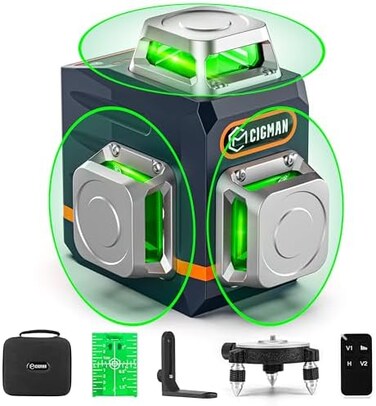 CIGMAN Laser Level Tool Self Leveling 3x360 3D Green Cross Line Leveler for Construction and Picture Hanging, Rechargeable battery, Remote Controller, Magnetic Rotating Stand Included.