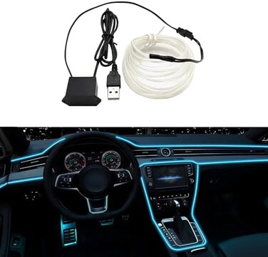 شريط إضاءة LED داخلي للسيارة من QVEVDACAR، شريط إضاءة LEDCARE بطول 16.5 قدم مع سلك USB، شريط إضاءة نيون متوهج وامض، حافة خياطة 6 مم، طقم إضاءة محيطة لتزيين داخل السيارة (أزرق ثلجي)