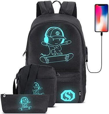 Pawsky School Backpack, Anime Luminous Backpack with USB Charging Port Lock and Pencil Case for Teen Boys and Girls.