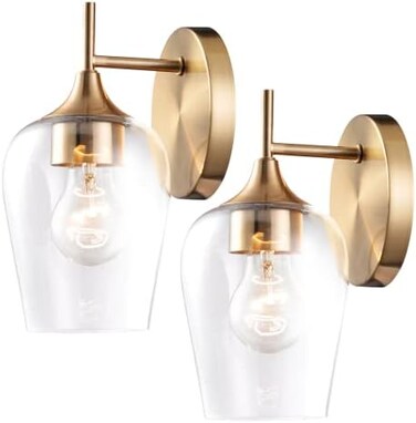 Hamilyeah Gold Sconces Wall Lighting Set of 2, Bathroom Wall Lighting Fixtures Brass, Modern and Vintage Wall Lights with Clear Champagne Glass Shade for Bedroom,Fireplace,Hallway,Kitchen.