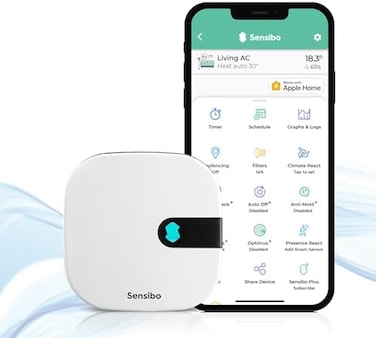 جهاز Sensibo Air - وحدة تحكم ذكية لمكيف الهواء. معتمد من Apple HomeKit. تركيب سريع خلال 60 ثانية. يحافظ على الراحة ويوفر الطاقة. متوافق مع Google وAlexa وApple HomeKit وSiri.