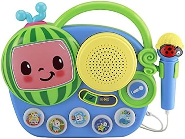 eKids Auxiliary Cocomelon Toy Singalong Boombox with Microphone for Toddlers, Built-in Music and Flashing Lights, Fans of Cocomelon Gifts.