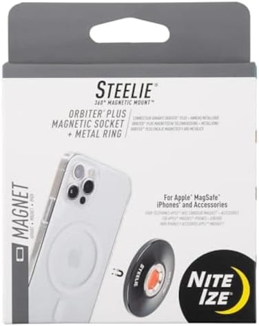 Nite Ize, Inc. STOMS-01-R8 Nite IZE Steelie Orbiter Plus SocketMetal Ring, Holder iPhone 12 / Mini/Pro Max, Car Works with MagSafe Charger Magnetic Mount, Black.