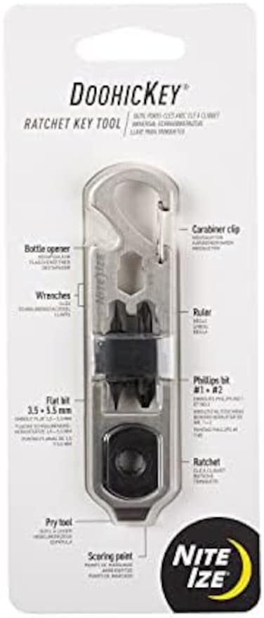Nite Ize DoohicKey Ratchet Key Tool - Stainless Steel 6-in-1 Multitool - Multi-Tool with Bottle Opener, Carabiner Clip, Wrenches, Ruler, Phillips Bits, Flat Bits, Ratchet, Pry ToolScoring Point.