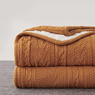 Longhui bedding Burnt Orange 50 x 63 Inches Acrylic Cable Knit Sherpa Throw Blanket - Thick, Soft, Big, Cozy Knitted Fleece Blankets for Couch, Sofa, Bed - Large Coverlet All Season.