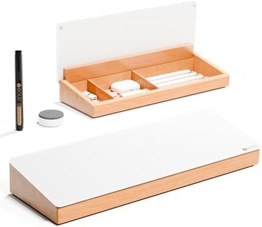 YEOUX Desktop Glass Whiteboard with Wooden Organizer Box for Office Supplies Storage, Computer Keyboard Stand, Desk Dry Erase White Board with Drawer for Stationary, MarkerEraser Included,.