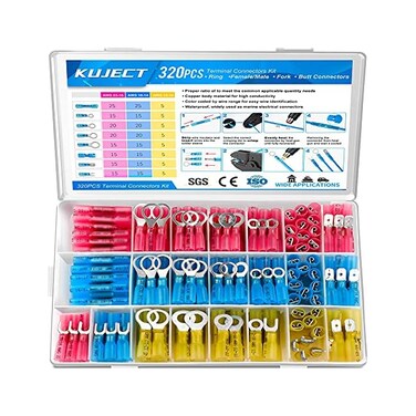 Kuject 320 PCS Heat Shrink Wire Connectors kit, Multipurpose Waterproof Electrical Wire Terminals, Insulated Crimp Connectors Ring Fork Spade Butt Splices for Automotive Marine Boat Truck.