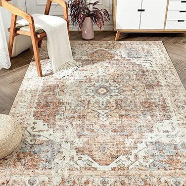 jinchan Area Rug 182x121CM Washable Rug Vintage Rug Indoor Floor Cover Print Distressed Carpet Brick Red Multi Thin Rug Mat Foldable Accent Rug Lightweight Kitchen Living Room Bedroom Dining Room.