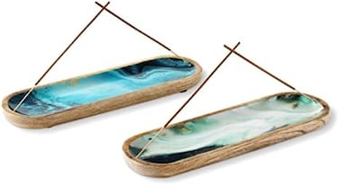 Folkulture Incense Holder or Incense Burner Holder, Insense Stick Holder for Home D&eacute;cor or Wooden Incense Tray for Sticks, Modern Insence Ash Catcher, Mango Wood, Set of 2, Blue and Green Agate.