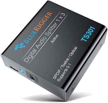 BlueRigger Digital Optical Audio Splitter 1x3 (Active Toslink Splitter 1 in 3 Out, SPDIF, Fiber Optic Audio Adapter- for Home Theatre, Xbox, PS5/ PS4, DVD, CD Player, Receiver, HDTV.
