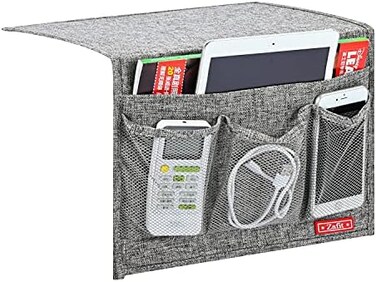 Zafit Linen 4 Pockets Bedside Caddy, Bedside Storage Organizer for Magazine, Remotes, Phone (Classic Grey.