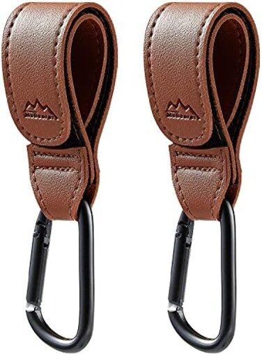 MoBearer Baby Stroller Hooks Bag Hooks for Hanging Diaper Bags Multipurpose Hooks for Grocery Shopping Bags Premium Vegan Leather Pram Straps 2 Pcs (Brown.