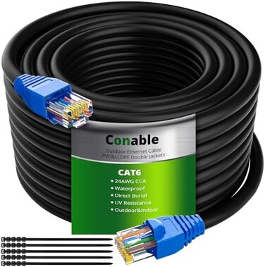 Conable Cat6 Outdoor Ethernet Cable 150 Feet, Heavy Duty Internet Network LAN Cable, Supports Cat 6 Cat5e Cat5 Standard, Waterproof UV Resistant Douable Jacket, POE, Direct Burial with 25 Ties-150 ft.
