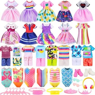 ENOCHT 30 PCS Mini 6 Inch Doll Clothes and Accessories Include 4 Tops, 4 Pants for Boy Dolls, 5 Dresses , 2 Swimsuit and 2 Shoes, 10 Outfits Hangers Pocket Glasses Headset Crown for 5. 3-6 Inch Dolls.