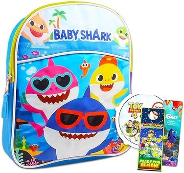 Pinkfong Baby Shark 11" Mini School Backpack for Kids ~ 4 Pc Bundle With Small School Bag, Toy Story And Finding Dory Stickers, and Door Hanger ( School Supplies Set.
