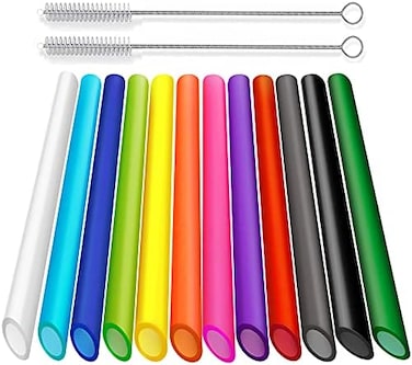 ALINK 12 PCS Reusable Boba Straws, 13 mm x 10. 5 inch Long Wide Colored Plastic Smoothie Straws for Bubble Tea, Tapioca Pearls with 2 Cleaning Brush - Pointed Design.