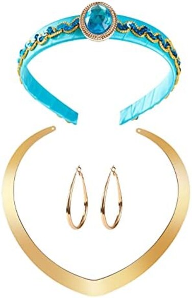 Carkno Princess Costume Accessories Women Girls Dress Up Headband Necklace Halloween Cosplay, Blue and Gold, One size.