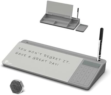 TOWON Desktop Glass Whiteboard with Basic Calculator, 12 Digit LCD Display, Desk Organizers with Accessories for Office, Home, School Supplies, Storage with Dry Erase Board Surface, Gray, 17'' x 6''.