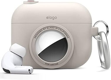 elago Instant Case Compatible with AirPods Pro, AirTag Compatible, Classic Design Camera Case, Key Ring Included [Tracking Device Not Included] (Stone.