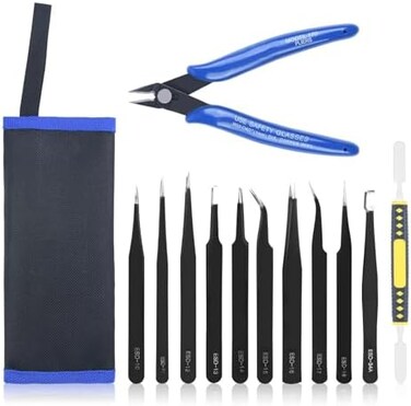Ainiv Precision Tweezers Set, 11PCS Anti-Static ESD Tweezers Set with 1PCS Micro Wire Cutter for Modeling, Electronic Repair, Handicraft, Laboratory, Jewelry Manufacturing, Hobby etc.