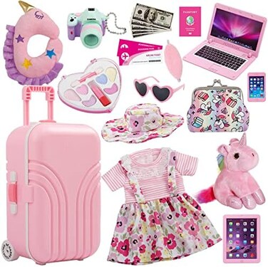 Windolls 18 Inch Doll Suitcase Travel Luggage Play Set - Clothes Accessories, Travel Carrier Storage, Case, Hat, Sunglasses, Camera, Pillow, Toy Pet, and More.
