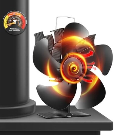 Xmasneed Wood Stove Fan, Fireplace Fan for Wood Burning Stove, Heat Powered fan, Wood Stove Accessories, Quiet Operation Circulating Warm Air, (Include Magnetic Thermometer(5-Blade.