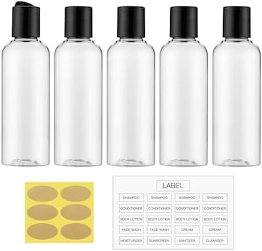 owlyee 3. 4 oz Travel Bottles for Toiletries, Empty Travel Size Containers Tsa Approved, 5PCS Small Plastic Shampoo Bottles with Labels (100ml, Clear.
