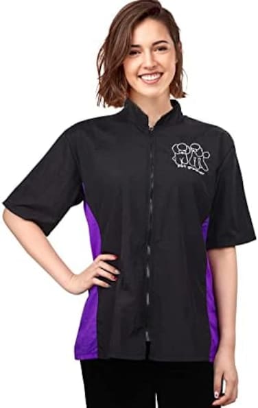 Noverlife Short Sleeves Pet Grooming Jacket with Full Zipper, M Size, Waterproof Anti-Static Pet Beautician Smock, Dog Cat Groomer Cosmetologist Uniforms Work Wear for Pet Shop Men Women.