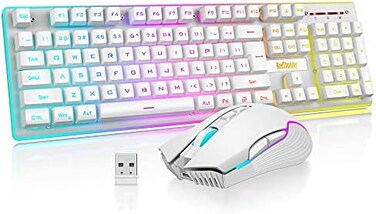 RedThunder K10 Wireless Gaming Keyboard and Mouse Combo, LED Backlit Rechargeable 3800mAh Battery, Mechanical Feel Anti-ghosting Keyboard7D 3200DPI Mice for PC Gamer (White.