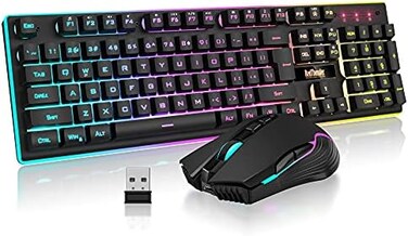 RedThunder K10 Wireless Gaming Keyboard and Mouse Combo, LED Backlit Rechargeable 3800mAh Battery, Mechanical Feel Anti-ghosting Keyboard7D 3200DPI Mice for PC Gamer (Black.