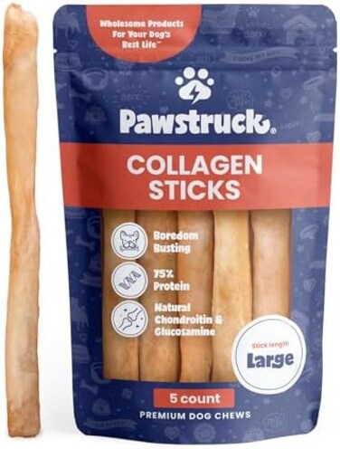 Pawstruck Natural Large 12" Beef Collagen Sticks for Dogs - Healthy Long Lasting Alternative to Traditional Rawhide - High Protein Treats w/ChondroitinGlucosamine - 5 Count - Packaging May Vary.