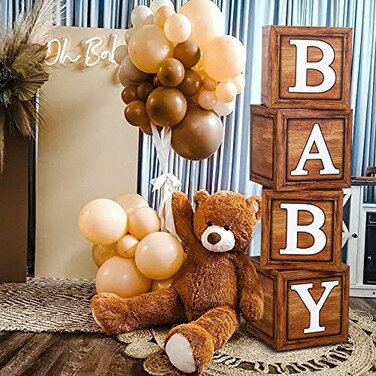 Frigg Baby Shower Boxes Party Decorations - 4 Wood Grain Brown Blocks with BABY Letter, Printed Letters,First Birthday Centerpiece Decor, Teddy Bear Baby Shower Supplies, Gender Reveal Backdrop.