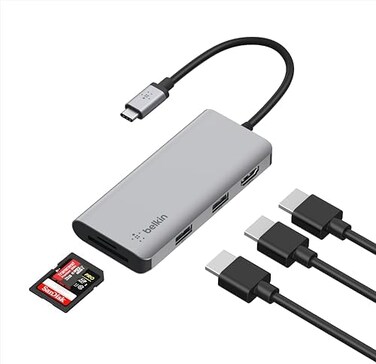 Belkin USB C Hub, 5 in 1 MultiPort Adapter Dock with 4K HDMI, 2 x USB A 3. 1, SD Card Slot and microSD for MacBook Pro, Air, iPad Pro, XPS and More, PVC002.