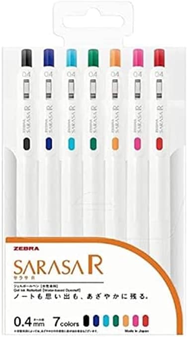 Sarasa Zebra R 0. 4mm 7 Colors Retractable Gel Pens, Rubber Grip, Made in Japan,Black, Blue, Sky blue, Green, Orange, Pink, Red.