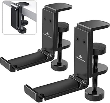 APPHOME 2Pack Upgrade Foldable Headphone Stand Under Desk PC Gaming Headset Hanger Holder Hook Clamp with Built in Cable Clip Organizer Space Save Mount Fold Upward Not in Use, Universal Fit, Black.