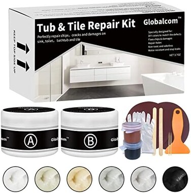 Globalcom Tub and Fiberglass Shower Repair Kit (Color Match, 3. 7oz Porcelain Repair Kit, Porcelain Sink and Acrylic Bathtub Repair Kit White for Cracks Chips Dents holes Almond/Biscuit/Bone.