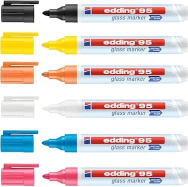 edding 95 glass marker - multi-coloured - 6 glass pens - round nib 1. 5-3 mm - washable window marker pen - for writing and marking on glass surfaces, windows, glassboards, whiteboards - dry-wipeable.