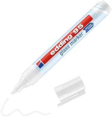 edding 95 glass marker - white - 1 glass pen - round nib 1. 5-3 mm - washable window marker pen - for writing and marking on glass surfaces, windows, glassboards, whiteboards - dry-wipeable.