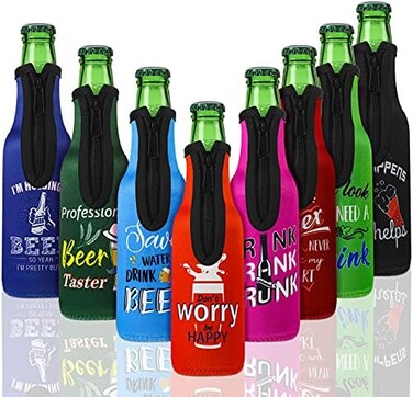 Perthlin Summer Beer Bottle Insulator Sleeve with Zipper Neoprene Insulated Jackets Keep Warm and Cold Beer Bottle Sleeves with Stitched Fabric Edges for Party(8 Piece,Artsy Style.