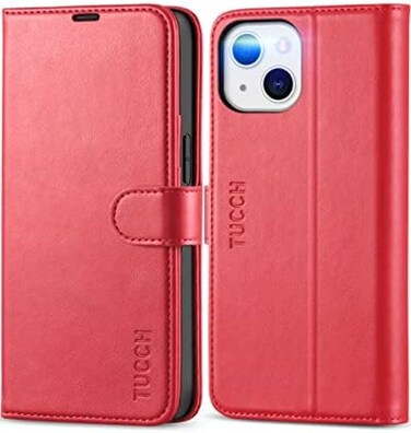 TUCCH Wallet Case for iPhone 13 6. 1-inch 5G, [RFID Blocking] Card Slots Holder Stand [Shockproof TPU Interior Case] PU Leather Magnetic Protective Flip Cover Compatible with iPhone 13 6. 1" 2021, Red