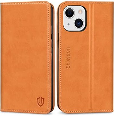SHIELDON Case for iPhone 13 Mini 5G, Genuine Leather Wallet Folio Magnetic Closure RFID Blocking Card Slots Kickstand Full Protection Case Compatible with iPhone 13 Mini (5. 4", 2021- Brown.