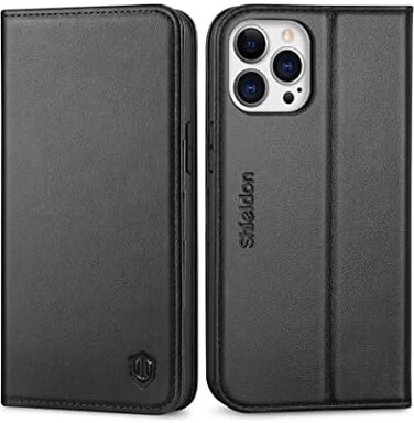 جراب SHIELDON لهاتف iPhone 13 Pro Max، جراب محفظة من الجلد الطبيعي المقاوم للصدمات [فتحات للبطاقات] [حجب RFID] [غطاء TPU] [مسند] غطاء مغناطيسي متوافق مع iPhone 13 Pro Max 6.7 بوصة 5G 2021، أسود
