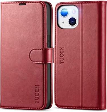 TUCCH Case for iPhone 13 Wallet Case, [RFID Blocking] [Card Slot] Stand with [Shockproof TPU Interior Case] PU Leather Magnetic Protective Flip Cover Compatible with iPhone 13 6. 1-inch 2021, Dark Red