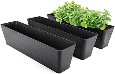 أحواض زراعة النوافذ من GREANER، 3 قطع، 16 × 3.8 بوصة، أحواض زراعة مستطيلة سوداء مزودة بفتحات تصريف وصواني، أصيص بلاستيكي للأعشاب والنباتات العصارية والزهور، مناسب لعتبة النافذة والحديقة والشرفة والديك