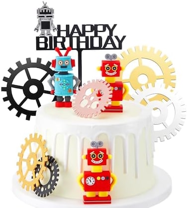 Jetec 11 Pieces Robot Cake Toppers for Boys Robot Birthday Cake Topper Gear Happy Birthday Robot Cake Cupcake Decorations Robot Themed Party Decorations Robot Figurine for Robot Birthday Party Supplie