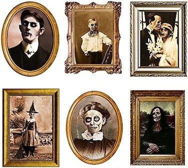 BBTO Halloween Decorations 3D Changing Face Horror Pictures Moving Portrait Haunted Pictures Gothic Mansion Portraits Tabletop Picture Frame Scary Wall Decoration for Halloween Party House (Chic,6 PCS