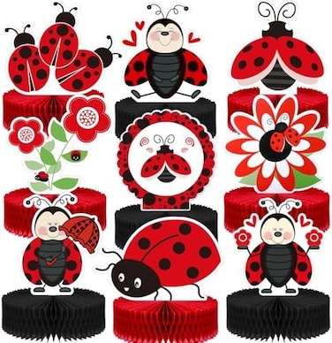 Sumind 9 Pcs Ladybug Party Decoration Supplies, Various Cute Ladybug Centerpiece Table Decorations for Baby Shower Birthday Cake, Creative Honeycomb Paper Fancy Ball Table Topper 3D Party Decor Supply