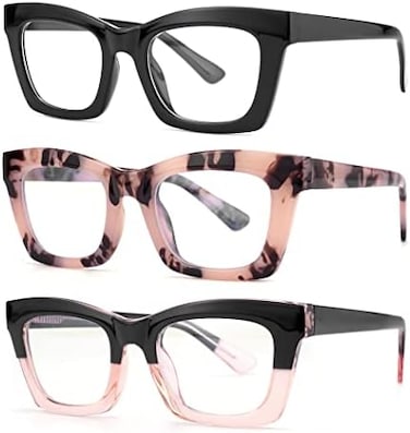 bullabulling 3 pack Oprah style Spring hinge Readers Blue Light Blocking Computer Square Reading Glasses for Women Men.