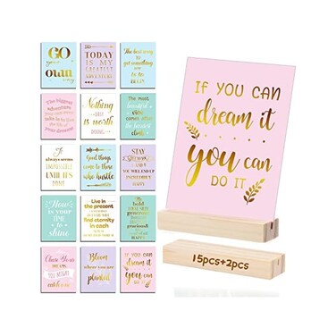 Gersoniel 15 Pieces Inspirational Quote Desk Card with 2 Pieces Wooden Block Desk Stands, Stamped Display Cards Colored Positive Affirmations Card Motivational Display Card for Women Office Desk (Vivi