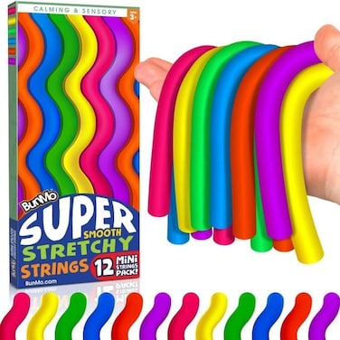 BunMo Stretchy Strings - Sensory Toys for Toddlers - StimulatingAddictive Sensory Toys for Kids - Fidget Toy - Hours of Fun for Kids - Non-Mouthable Toy 3- Mini Smooth 12 Pack.